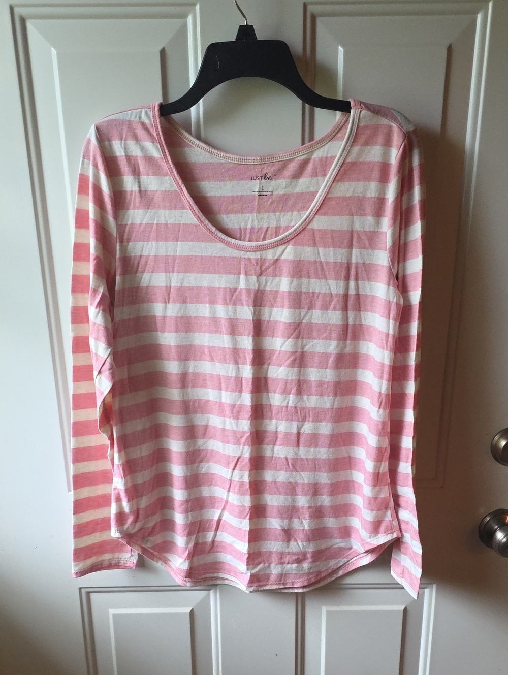 JustFab Pink and White Striped Long-Sleeve Scoop Neck Tee